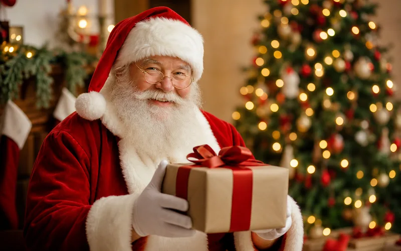 Santa Claus holding a Christmas gift